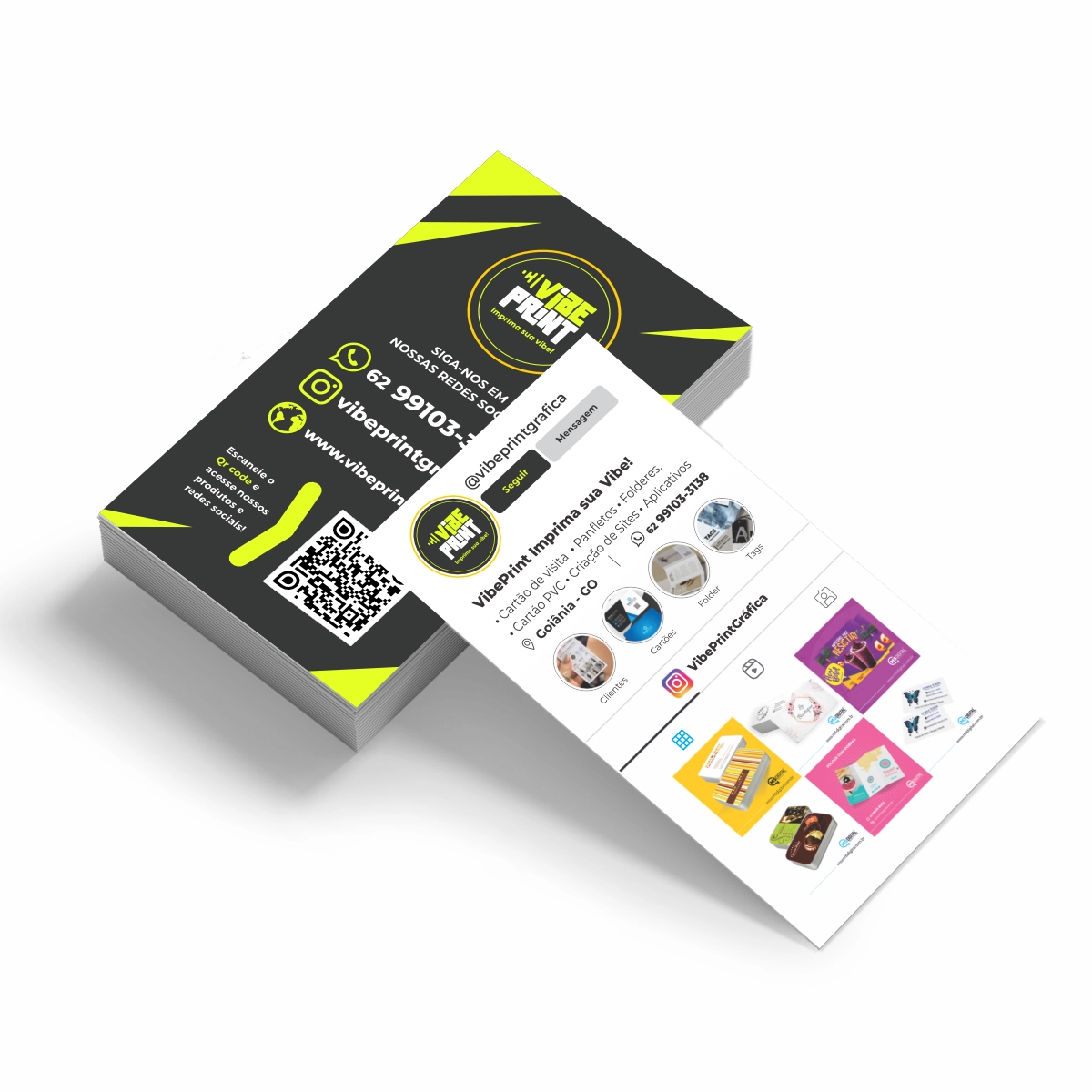 Cartão de visita Instagram colorido com verniz localizado, produzido em Goiânia pela gráfica online VibePrint.