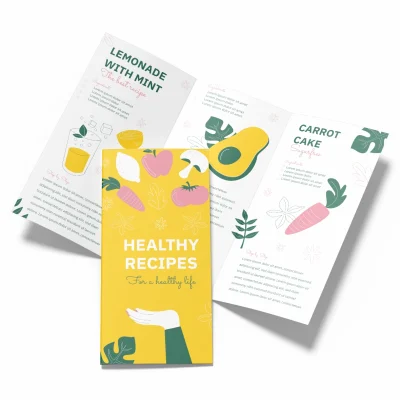 Folder A4 com duas dobras em papel Couchê 90g, ideal para divulgação gráfica online em goiânia