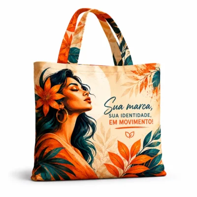 Ecobag personalizada de microfibra com estampa feminina sofisticada, ideal para brindes, lojas e eventos.